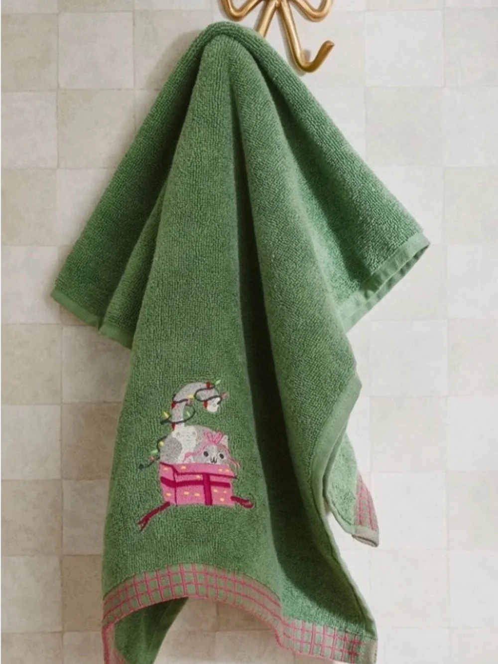 Anthropologie Green Embroidered Hand Towel with Pink Accent
